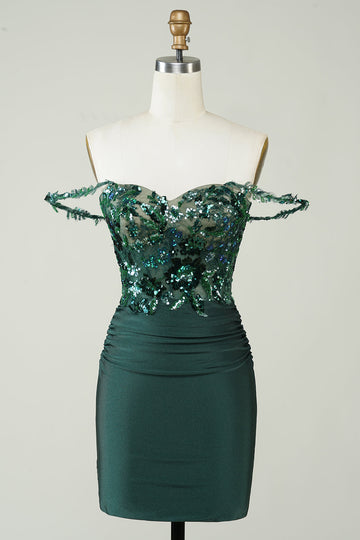 Unique Sheath Off the Shoulder Dark Green Short Formal Dress with Appliques